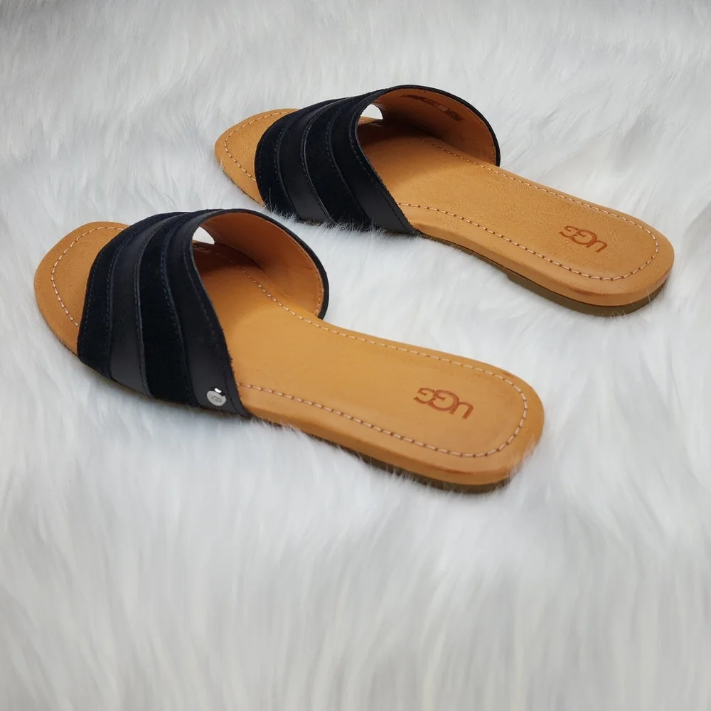 UGG Ximena Slip On Slide Sandals Black Leather